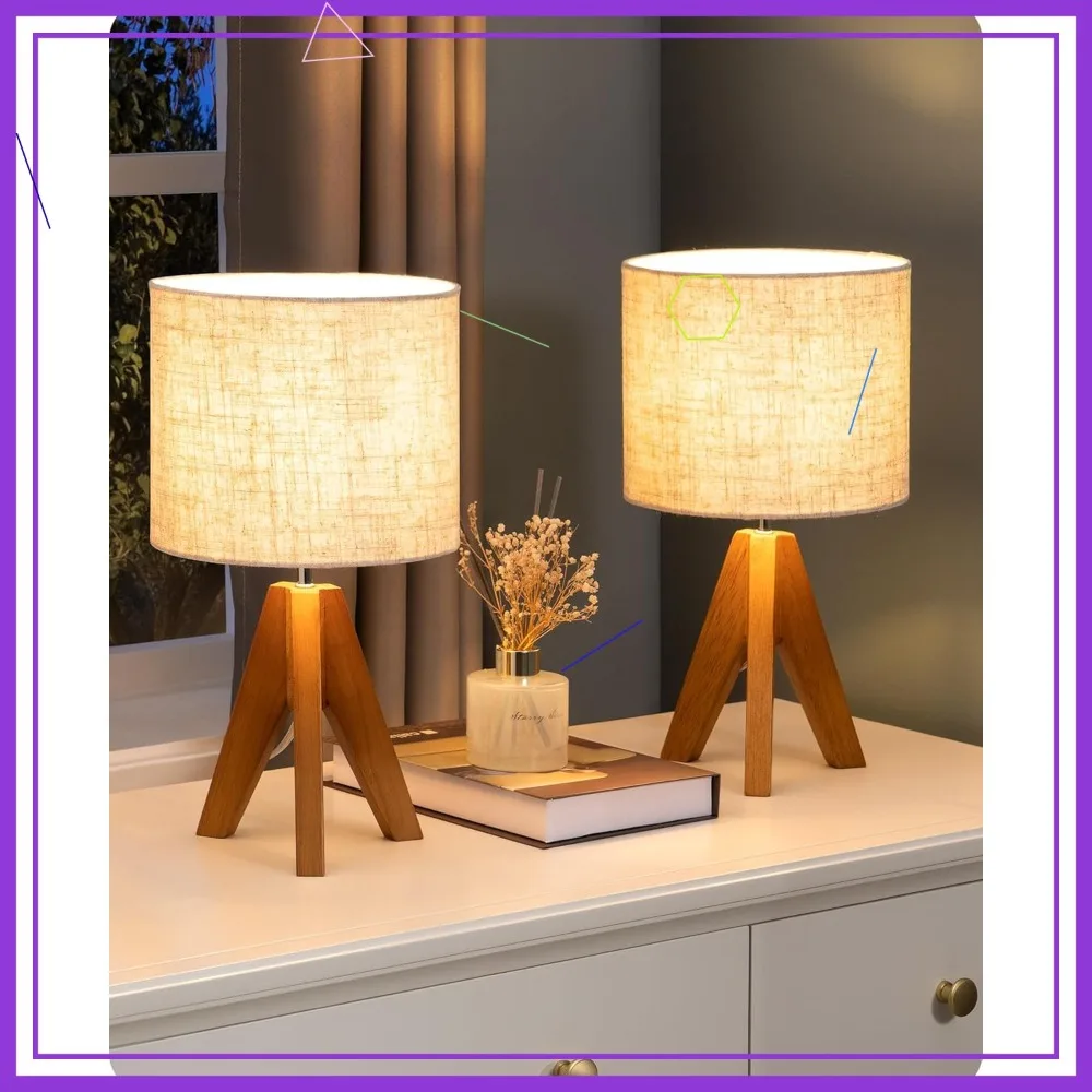 

Деревянная прикроватная лампа-трипод с льняным абажуром, 14,2 дюйма, ночник для спальни, гостиной, офиса, комплект из 2 штук