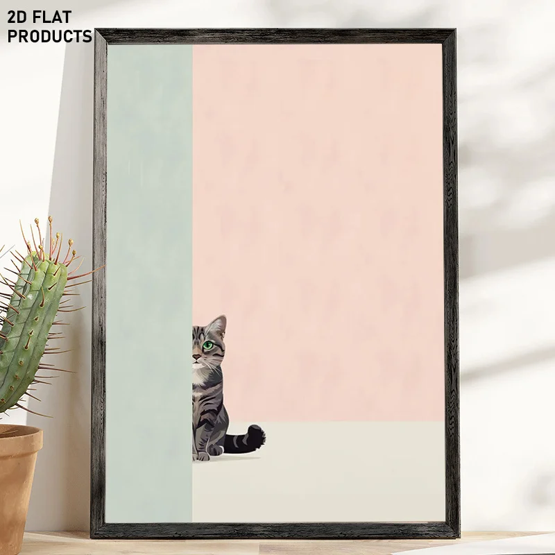 2D Flat, 2D Flat, 1pc, Multi-Size Frameless Canvas Painting, Gray Tabby Cat Playing Eye Spy Print Funny Creative Canvas Paint