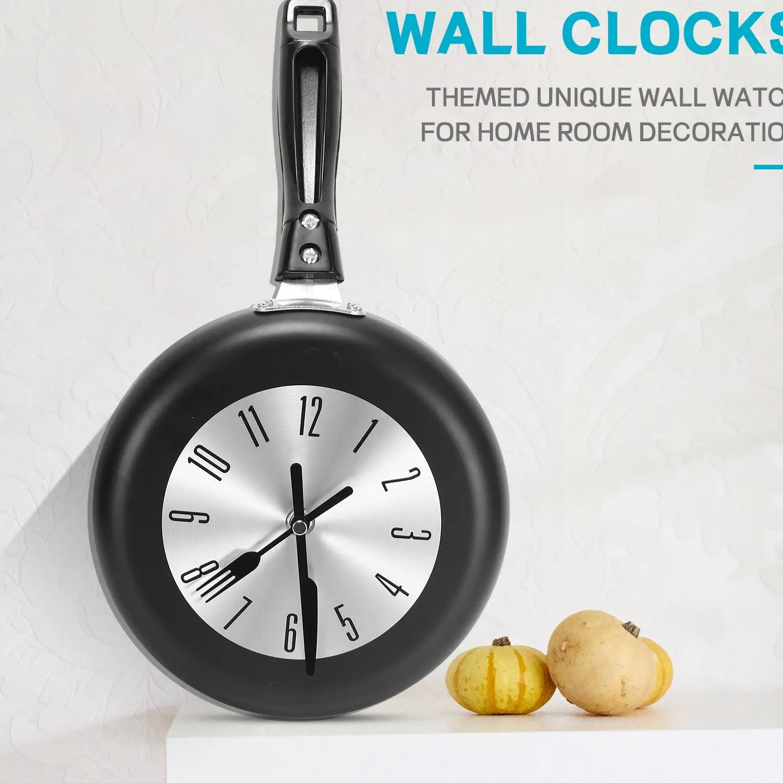 (A95Z] 8 Inch Frying Pan Design Hanging Wall Clock Kitchen Metal Clock ,Themed Wall Watch,for Home Room Decoration,Black view 4