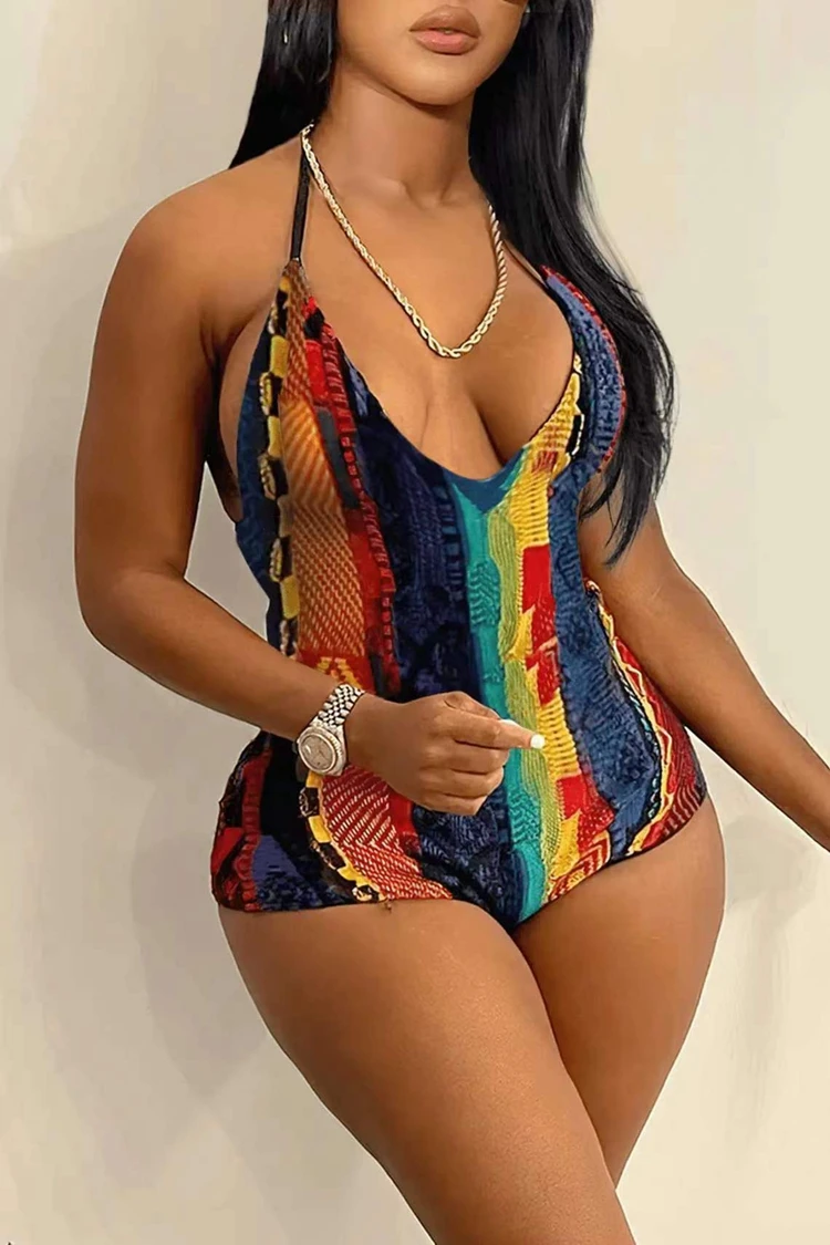 STYLISH LADY Printed Contrast Color Bodysuits 2025 Summer Women Spaghetti Strap Backless Sexy Club Party One Piece Playsuits