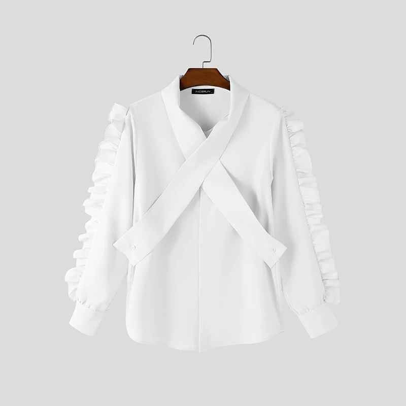 INCERUN Mannen Shirt Effen Kleur Revers Lange Mouw Ruche Casual Mannen Kleding Streetwear Losse Mode Elegante Camisas Mannelijke Tops