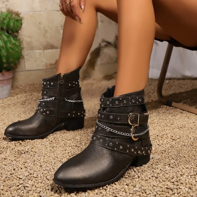 Botas de couro vintage para mulheres, sapatos góticos punk, botas curtas de chelsea, tamanho grande, novo, inverno