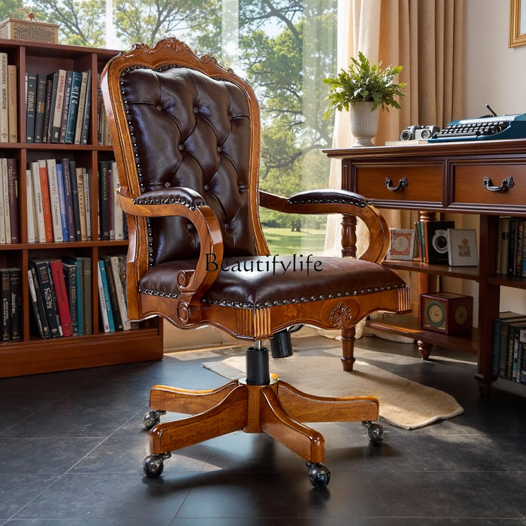 

*American solid wood computer chair swivel chair leather office European boss chair