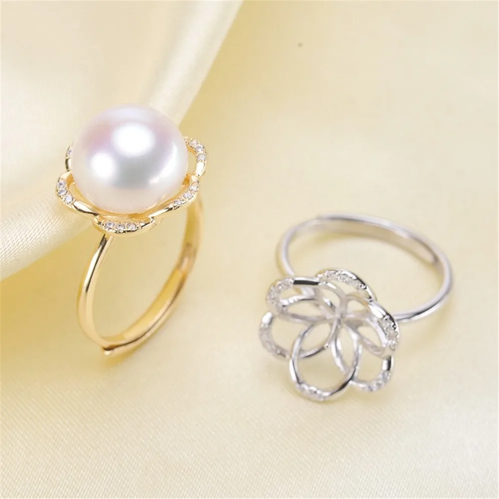 

DIY Pearl Ring Accessories S925 Silver Adjustable Lace Pearl Ring Empty Set Fit 10-12mm Round Flat Beads Z252