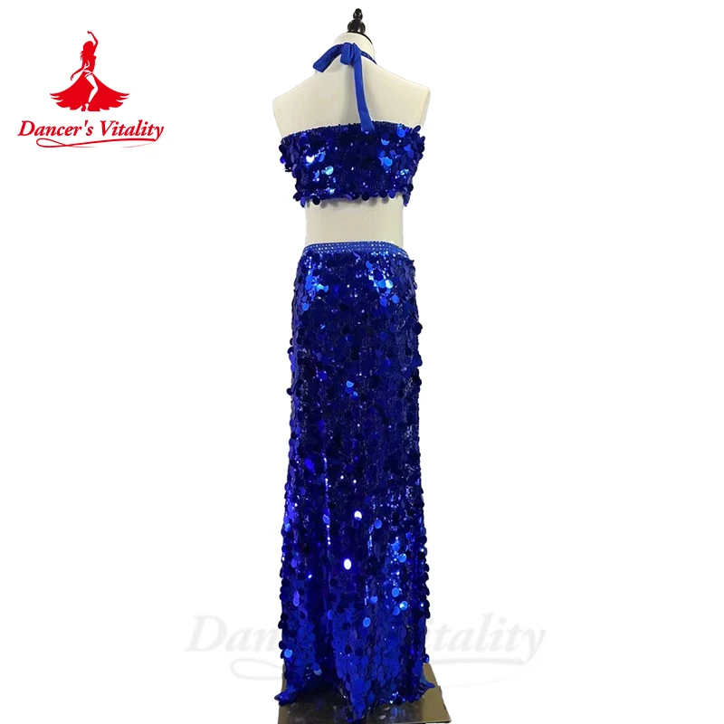 Traje personalizado de dança do ventre para mulheres, grande parte superior de lantejoulas, saia longa dividida, tamanho personalizado, adulto, criança, oriental, conjunto profissional, 2 peças