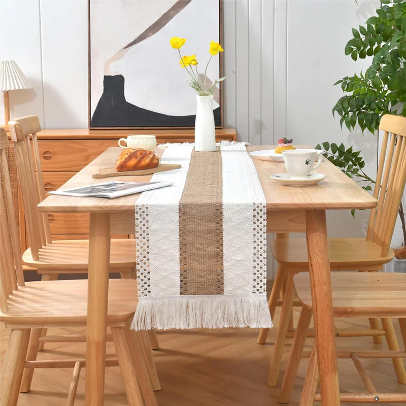 Splicing Burlap Table Runner Farmhouse Style, Boho Table Runner Modern Farmhouse Decor Rustic Woven Cotton Crochet Lace