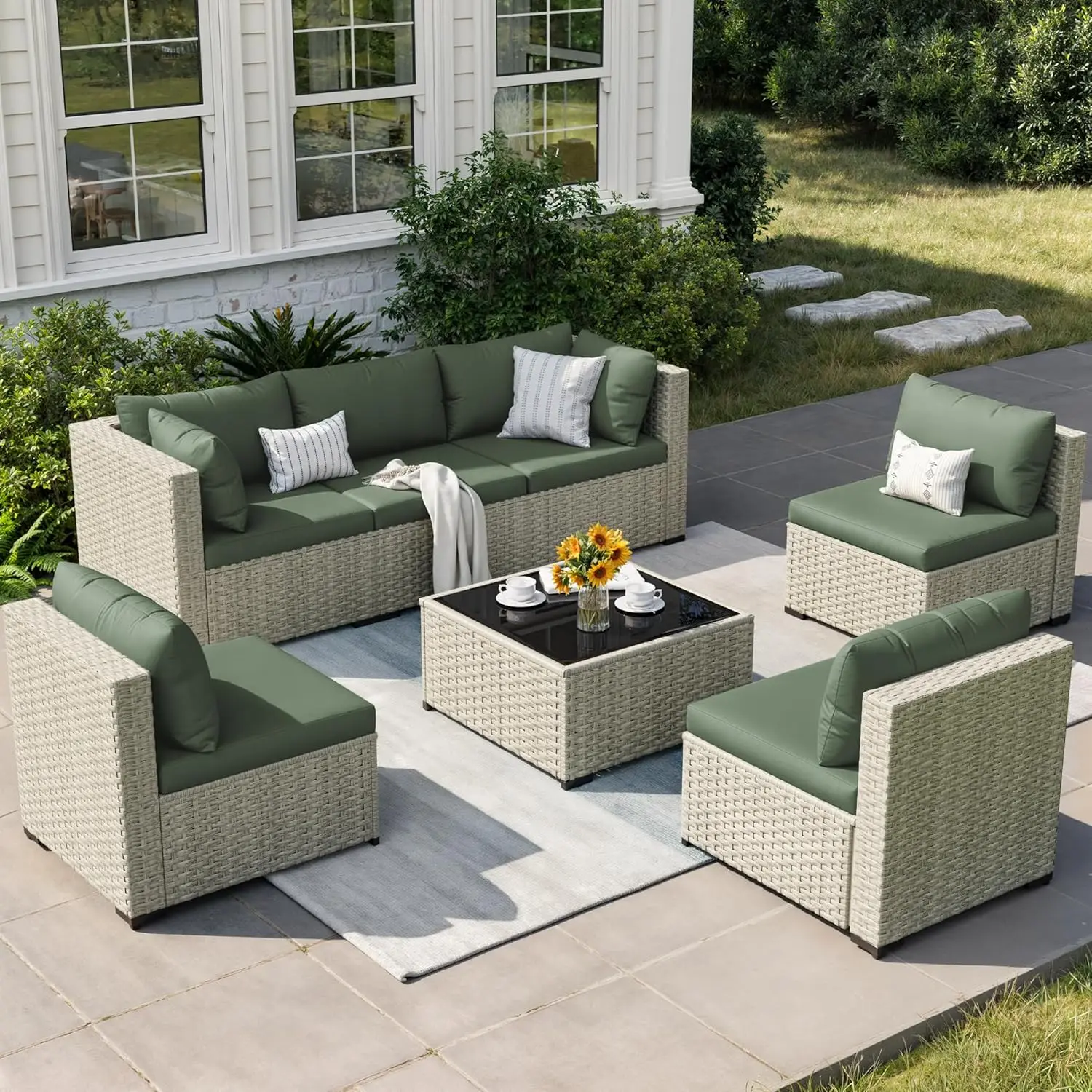 

Patio Furniture Set, 7-Piece Outdoor Sectional All-Weather Wicker Patio Conversation Set for Backyard (Green Cushions with Grey
