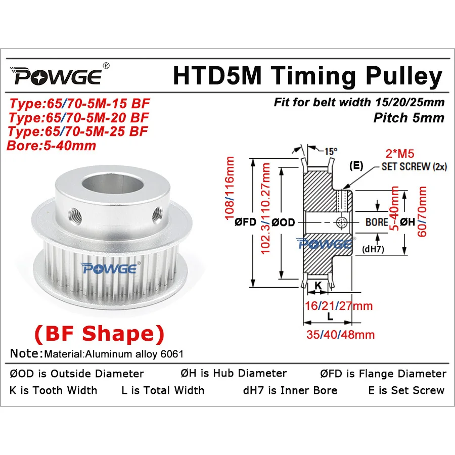 POWGE 70 65 teeth HTD 5M Timing Pulley BF Bore 10/12/14/15/16/17/18/19/20/25/30/35/40mm for HTD5M belt width 15/20/25mm 70T 65