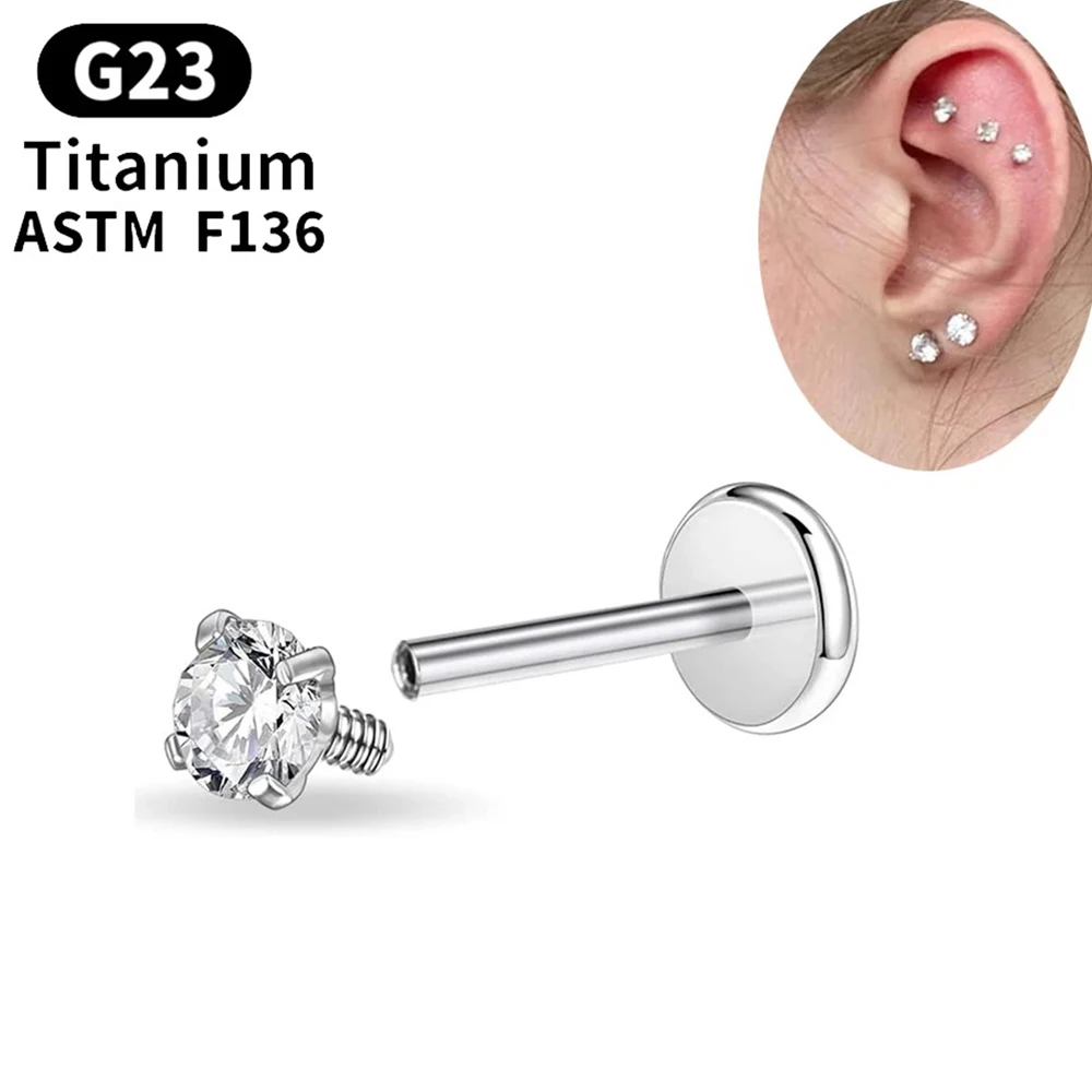 1 Stück G23 Titan-Stahl Labret Lippenstecker Ohrring mit Glänzendem Rundem Zirkon 16G Unisex Körperschmuck