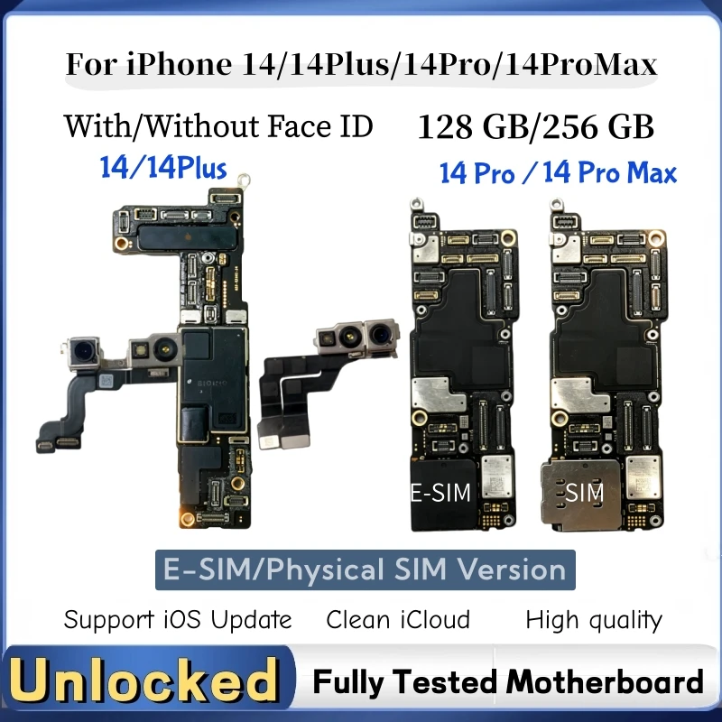 Unlocked E-SIM Version For iPhone 14 Pro Max 14 Plus Motherboard With/NO Face ID NO ICloud Support Update Mainboard Logic Board