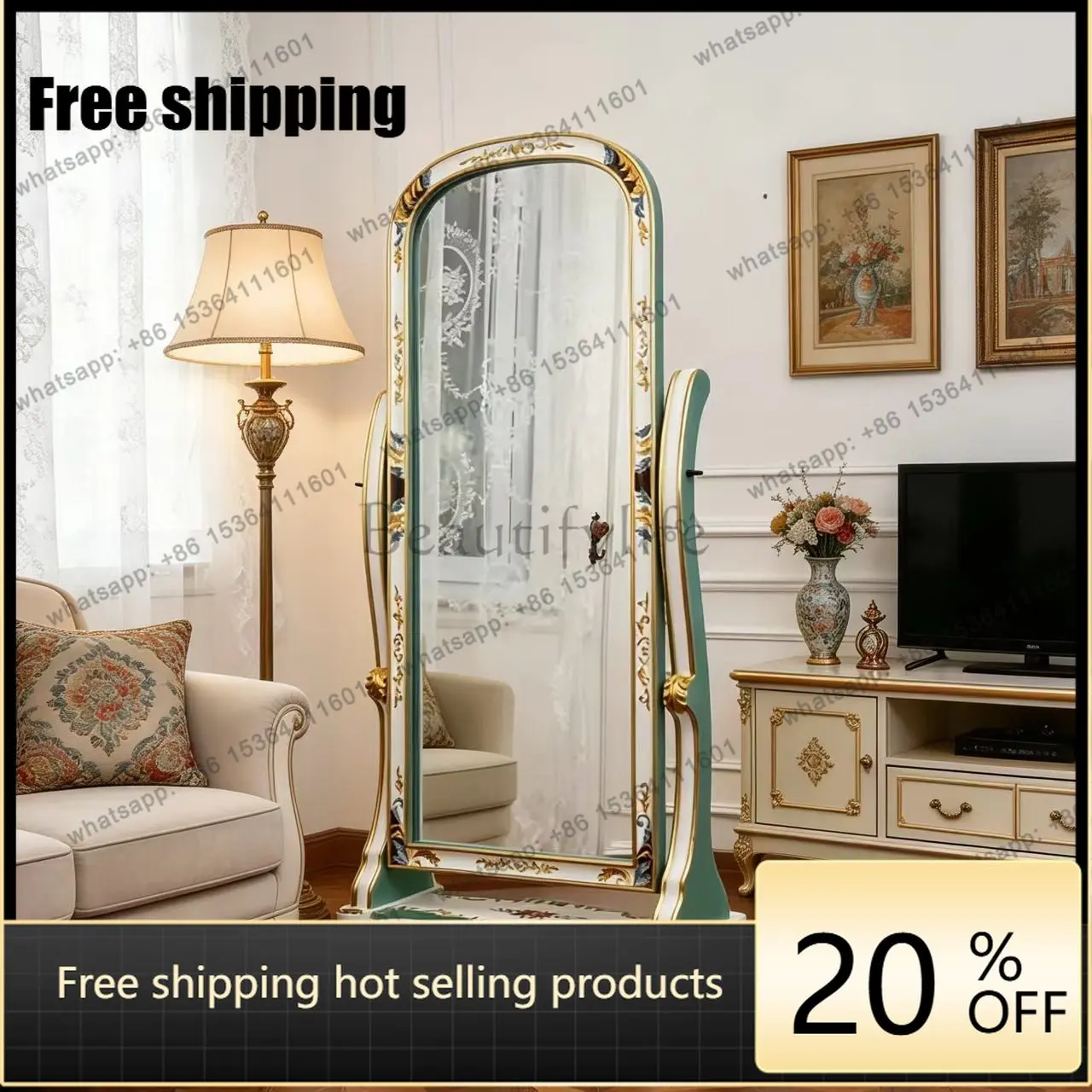Factory Direct high-end French full solid wood full body mirror retro old painted gold painting full body mirror