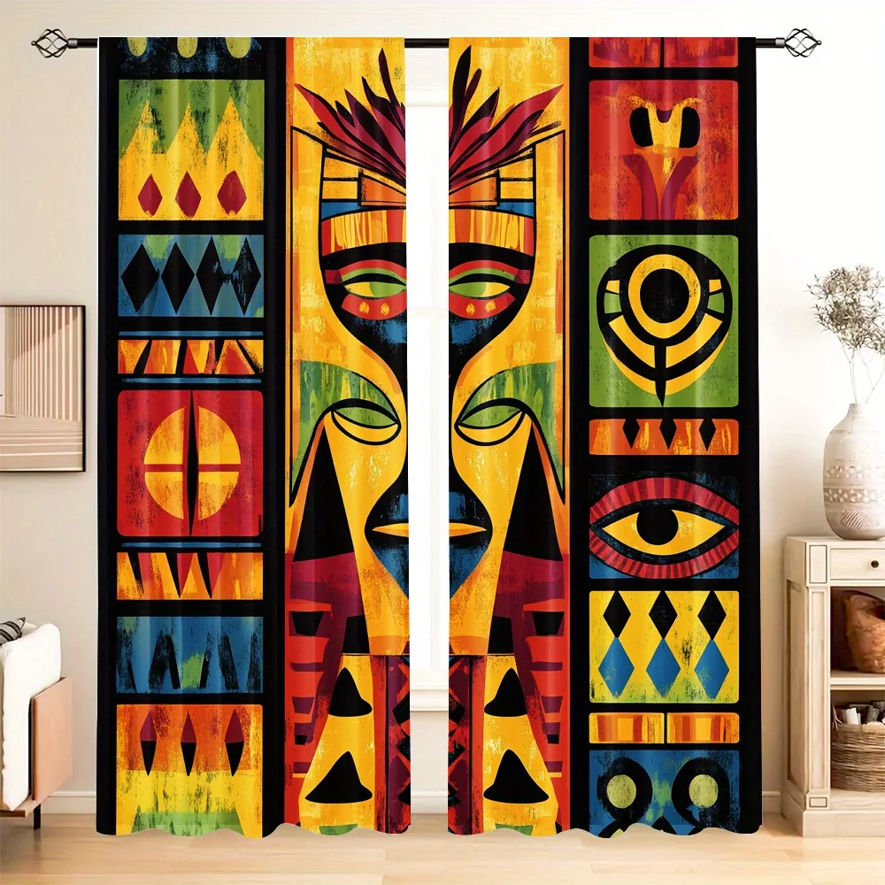 African Tribal Mask Curtain, Colorful Geometric Totem Print Drape, Ethnic Art Window Treatment for Living Room Bedroom Home