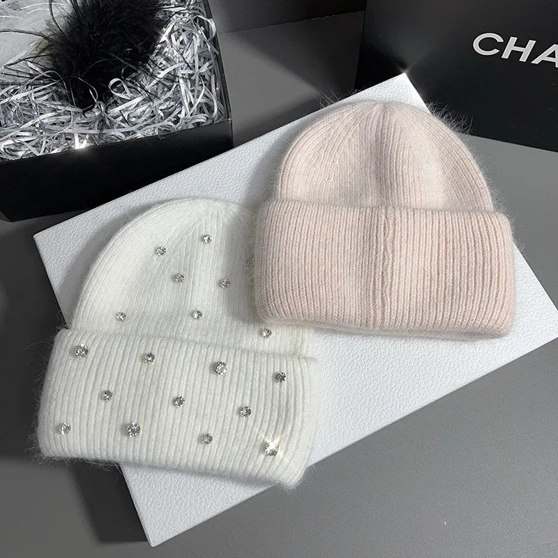 Rabbit Wool Beanie Hat Rhinestone Decor Warm Thickened Winter Autumn Fashionable Versatile Outdoor Activities Daily Commute