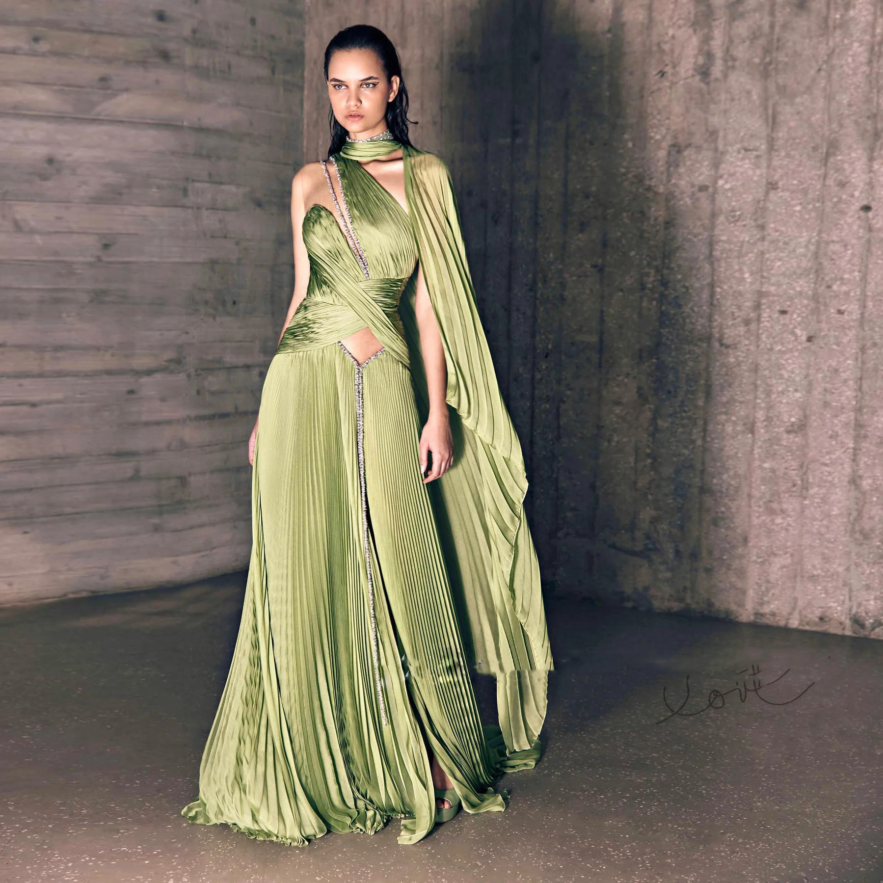 Gothic Women Dress for Photoshoot Stylish Maxi Dresses Grass Green A Line Beading Gray Prom Gowns with Sleeves Photgraphy