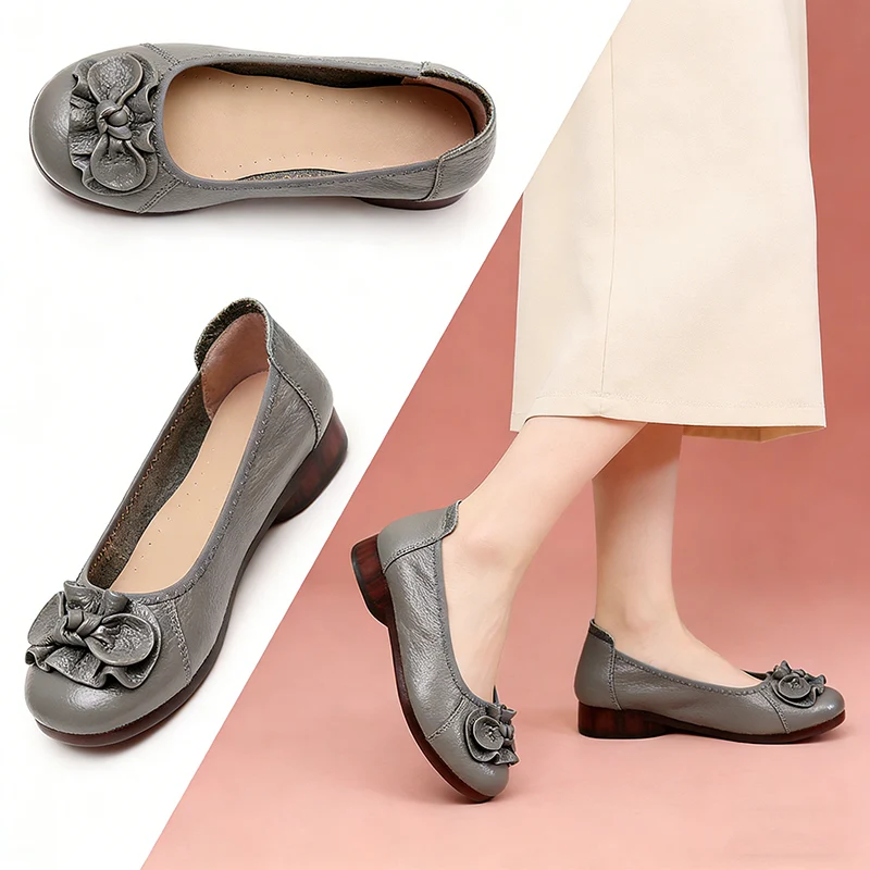 Zapatos de Mujer de Piel Genuina Suave, Primavera-Verano 2026, Zapatos Planos Cómodos con Punta Redonda, Zapatos de Mamá para Uso Diario, Talla Grande 41 D861