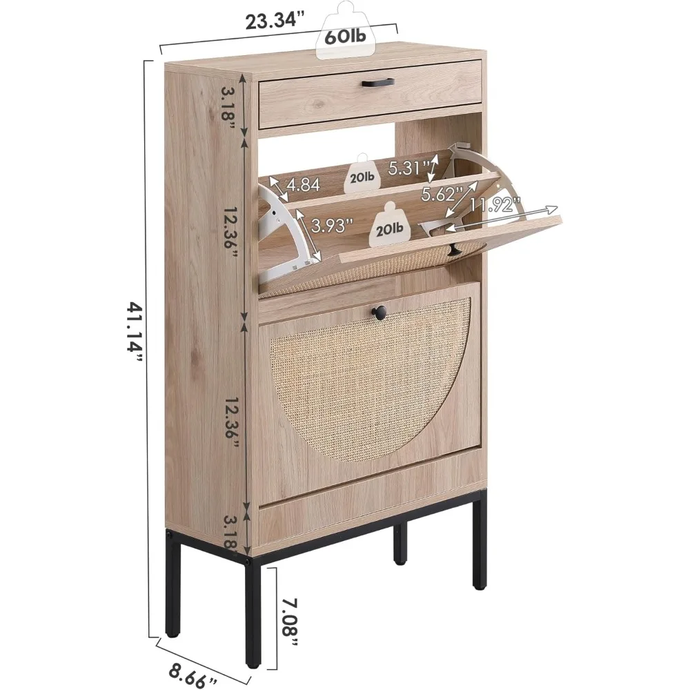 Shoe Cabinet, Natural Semi Circle Rattan Shoe Storage Organizer Cabinet with 2 Flip Drawers, Freestanding  Rack with Shelf