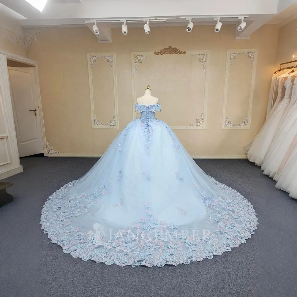 Personalizado azul claro fora do ombro princesa quinceanera vestido de baile doce 16 vestidos doce 15 vestidos lsany03