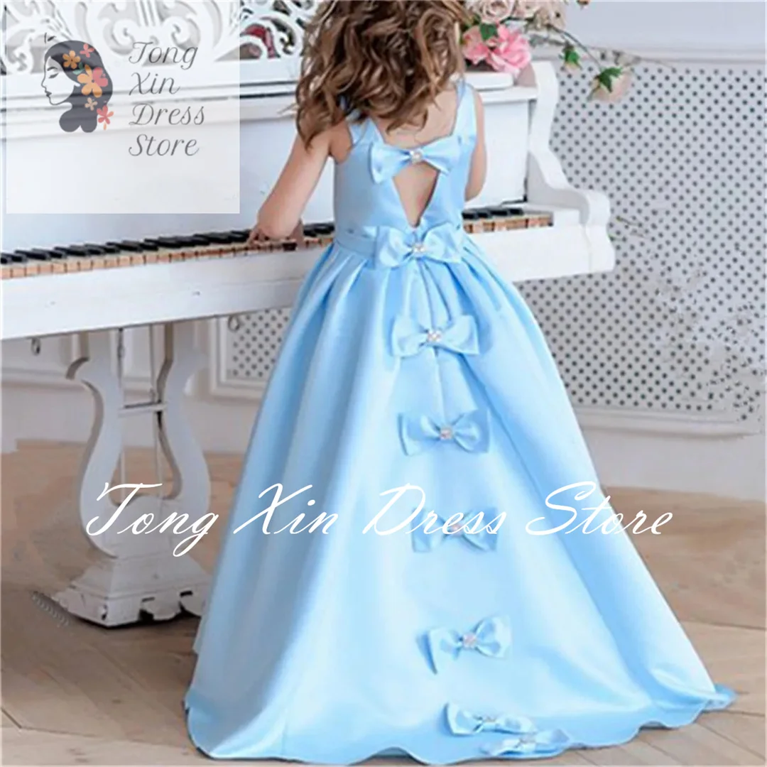 Sleeveless Flower Girl Dress Blue Long Backless Bow Decorated Wedding Elegant Little Flower Children First Communion Party