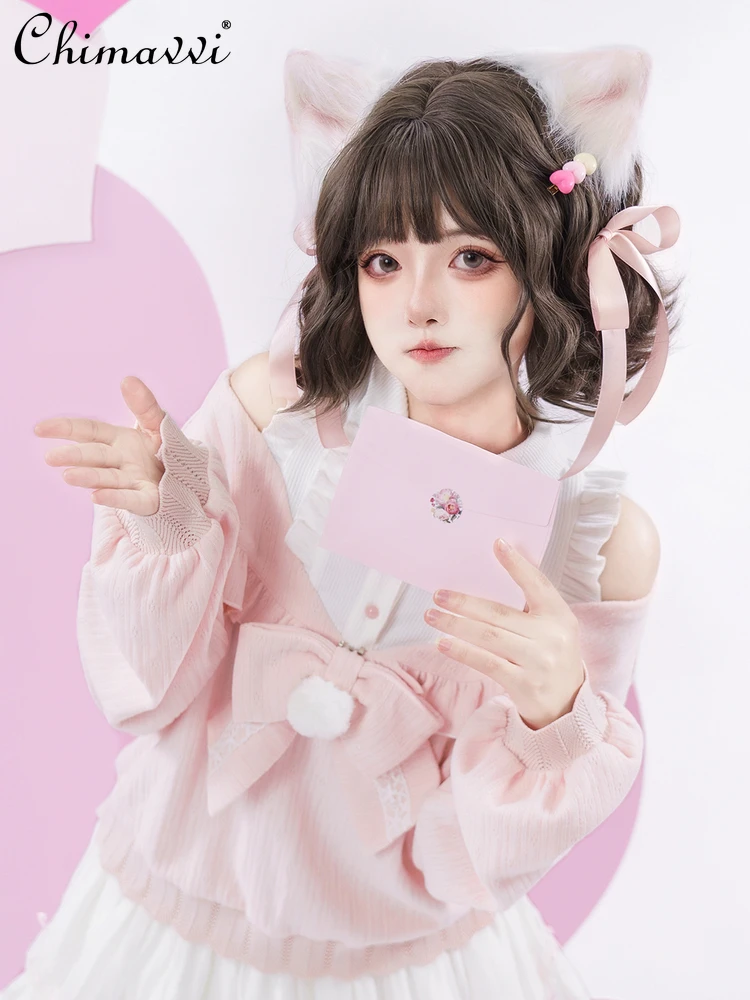 

Original Design Sweet Girl Cute Bow Off-Shoulder Long Sleeve Color-Block Sweater + Skirt Two-Piece Set Autumn Lolita Outfit