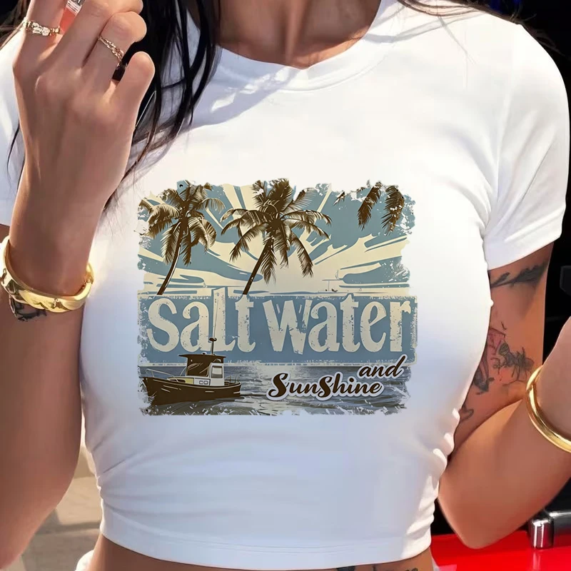 90s Spring Summer Sexy Crop Tops Vintage Retro Clothes Women's Crew Neck Short Sleeve Cropped T Shirt with Salt Water Print Girl