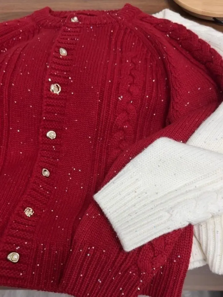 Czerwony cekinowy okrągły sweter-kardigan z dzianiny, długi płaszcz, zapinany na jeden guzik, modny kardigan damski na jesień.