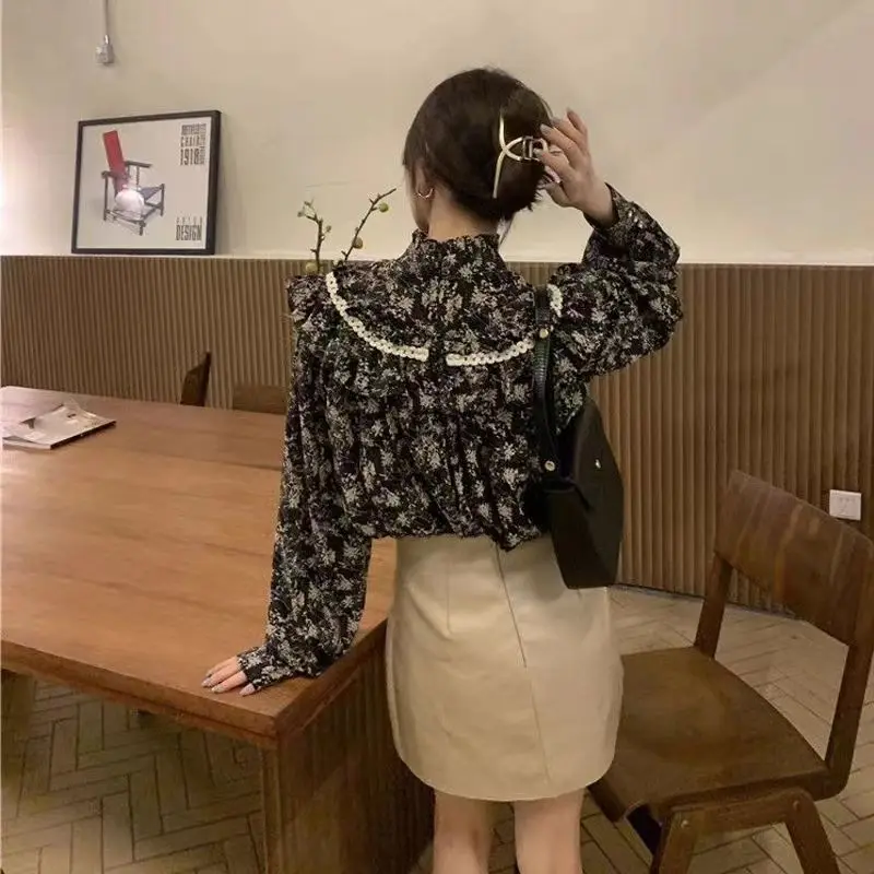 French Chiffon Floral Shirt Women Spring Autumn 2024 with Niche Design Sense Standing Collar Ear Splicing Shirt Floral Top