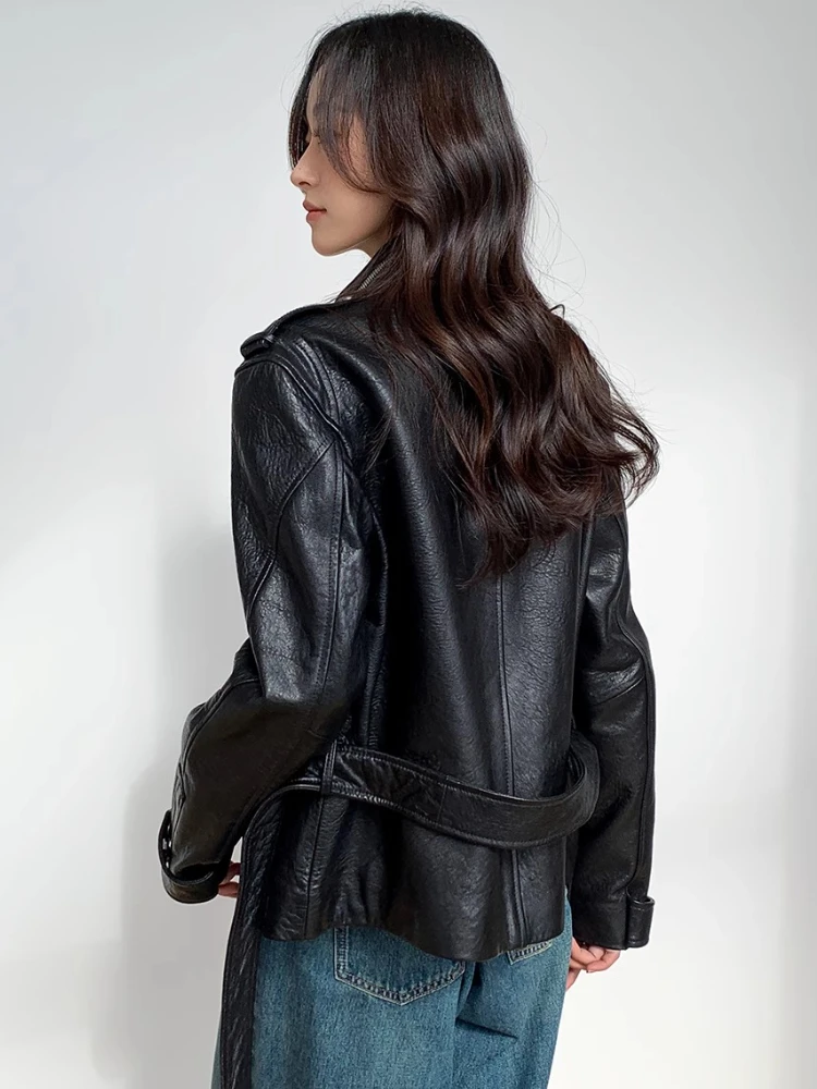 Black Short Genuine Leather Motorcycle Jackets for Women Spring Autumn High-end Simple Bubble Real Sheepskin Coat with Belt