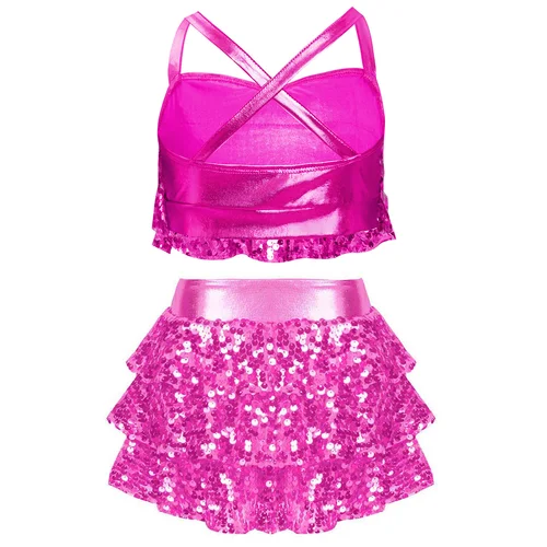 Traje de baile de Jazz con lentejuelas para adolescentes, Top corto metálico brillante con falda unitaria escalonada, traje de porristas de baloncesto escolar