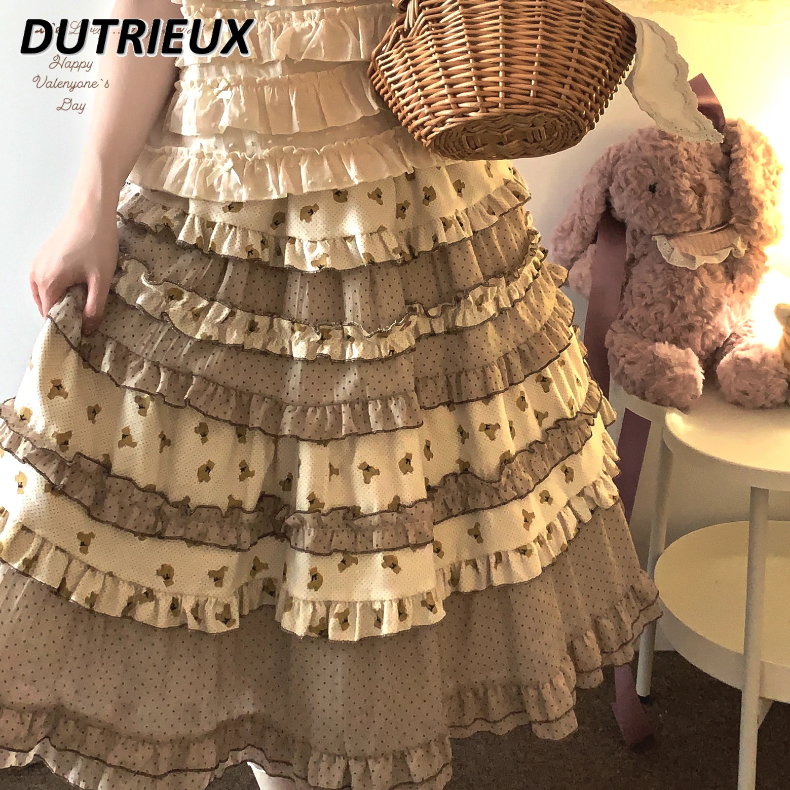 Elastic Waist Stacked Satin Splicing Long Skirt for Women Spring Autumn Sweet Girl Versatile Cotton Cartoon Print Skirts