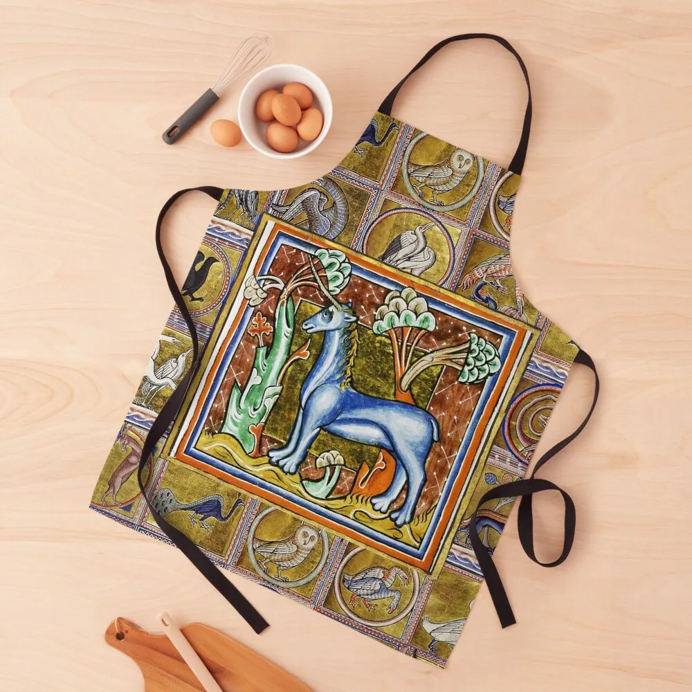 MEDIEVAL BESTIARY,UNICORN , FANTASTIC ANIMALS IN GOLD RED BLUE COLORS Apron