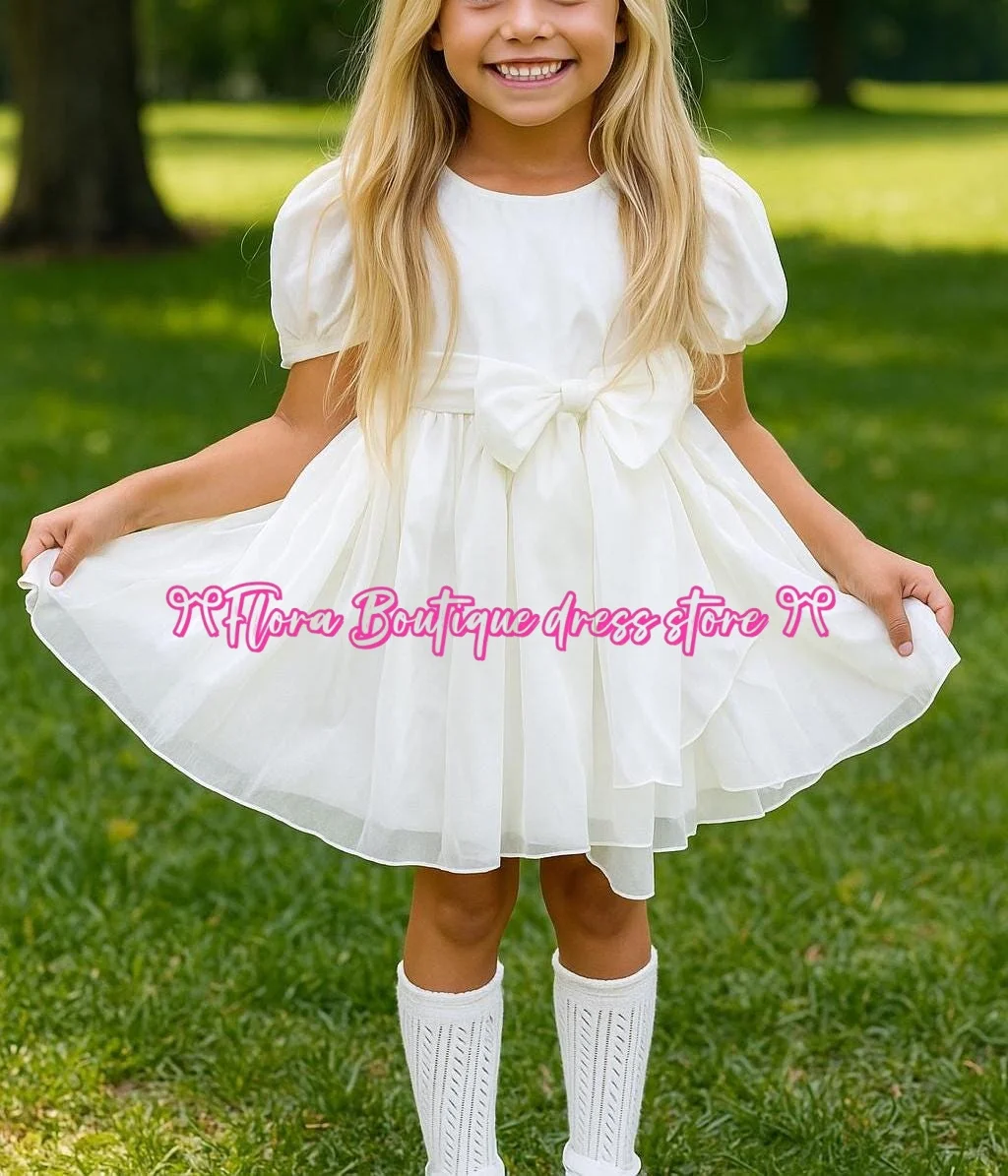 

Organza White Puff Sleeve Girls Dress – V-Back Tulle Dress with Bow Layered Skirt, Princess Birthday Flower Girl Outfit