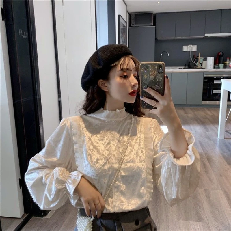 

Velvet Shirt With Ruffle Patchwork Stand Collar Women's Spring New Arrival Sweet Temperament Youthful Puff Sleeve Top