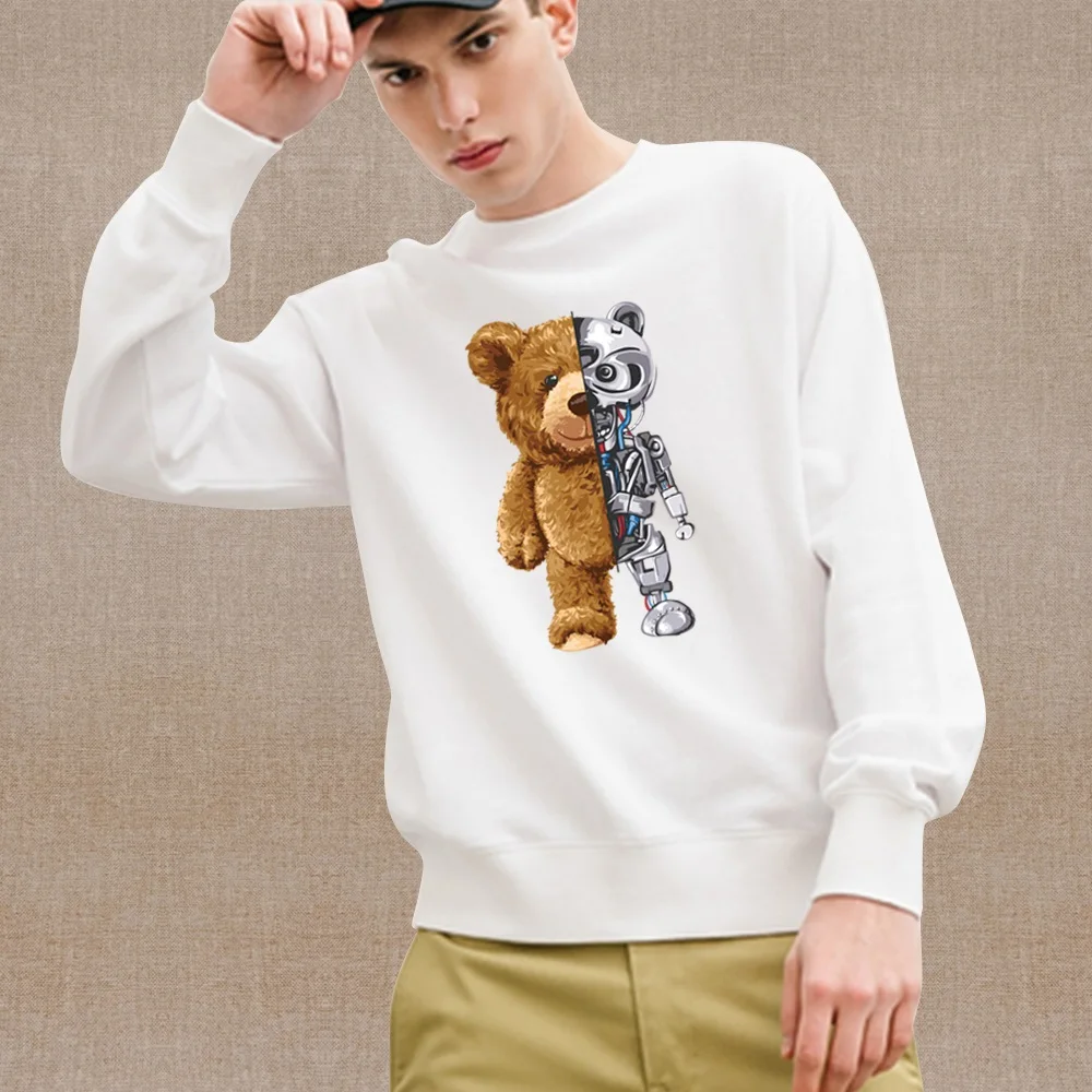 

Autumn Winter Thermal Pullover 2024 Long Sleeve White Men's Sweatshirt Cute Bear Pear Print Simple Light Comfortable Sweatshirt