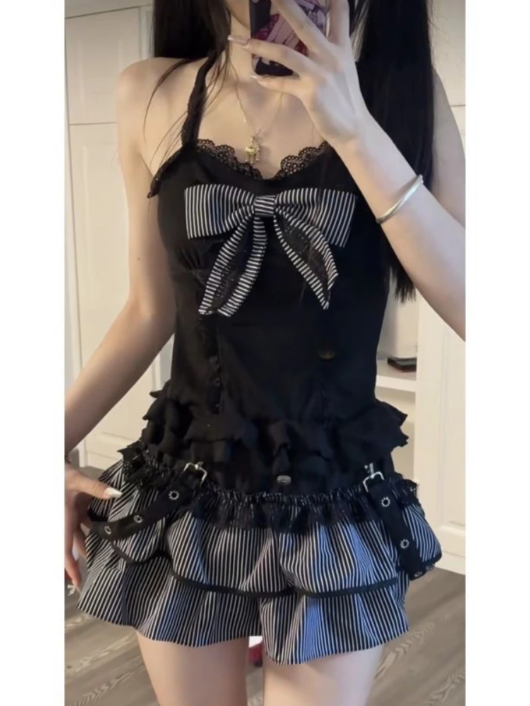 Conjunto de 3 piezas de encaje para mujer, cárdigan de manga larga ajustado con lazo Vintage estético + Falda corta con volantes y cintura elástica, Otoño e Invierno