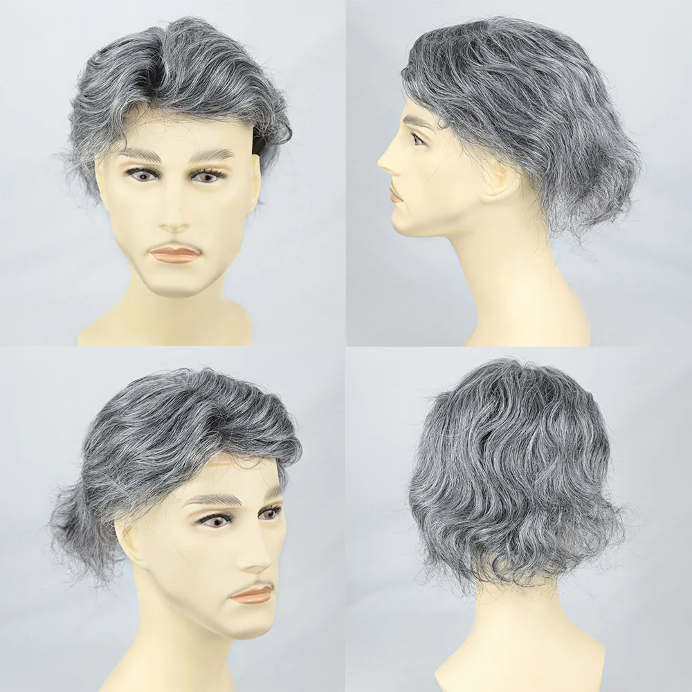 Grey Men's Human Hair Toupee, Wavy Mono Lace Front Wig