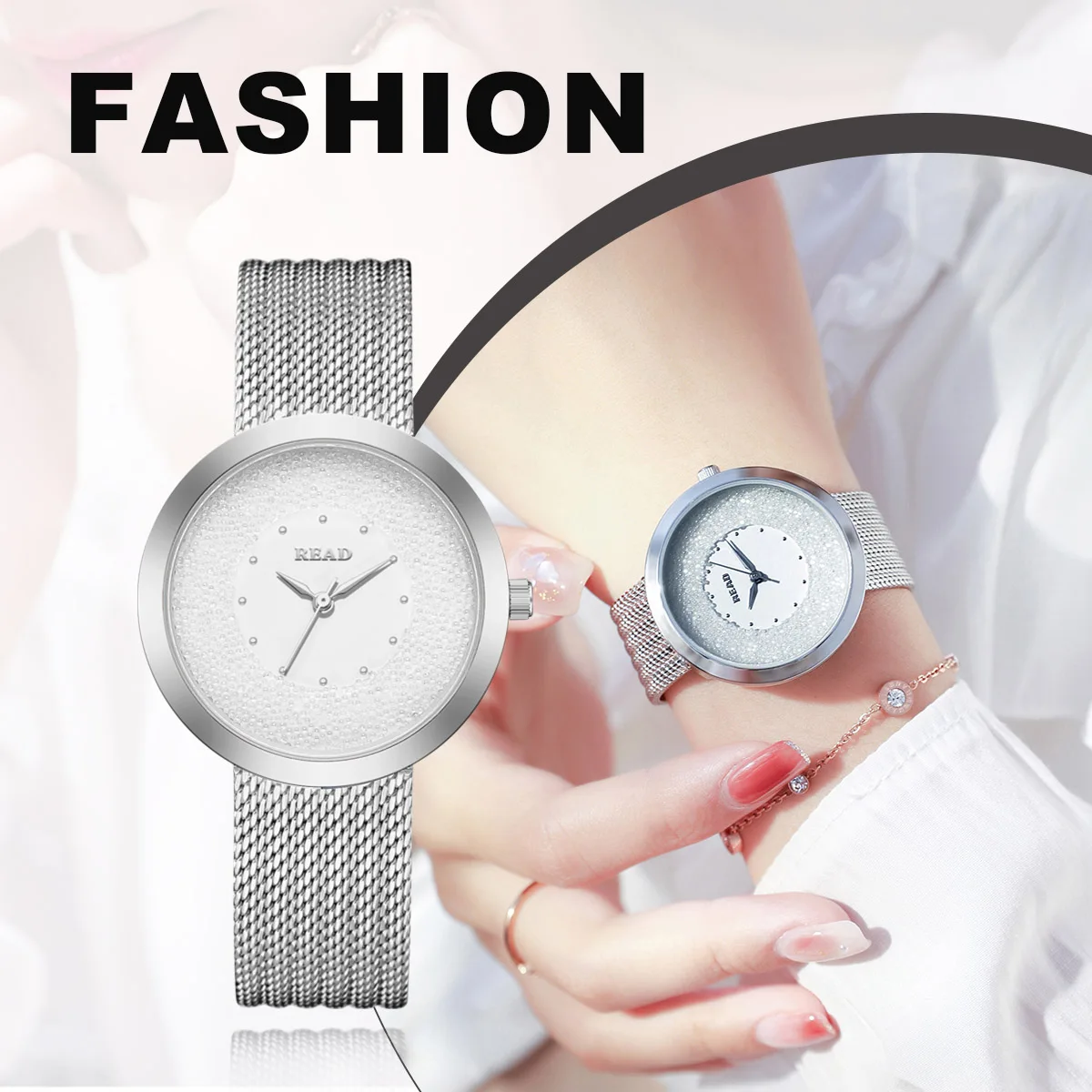 READ Ladies Analog Wrist Watch | Sparkly Crystal Dial | Metal Mesh Bracelet | Daily Water Resistant Elegant Women Dress Watch