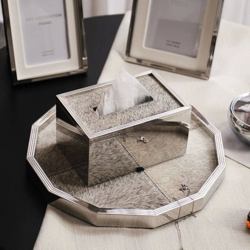 Stainless Steel Horsehair Leather Tissue Box Luxury Napkin Holder Elegant Desktop Dispenser Living Room Decorative Ornament