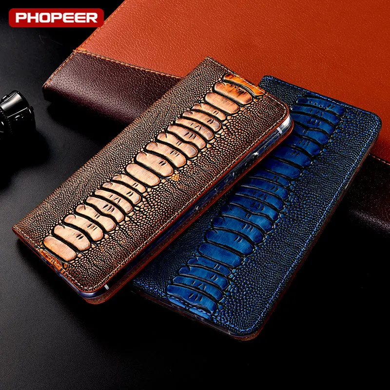 Ostrich Genuine Leather Flip Case For Samsung Galaxy S6 S7 edge S8 S9 S10 S20 S21 Plus Note 5 8 9 10 20 Ultra Pro Cover Cases