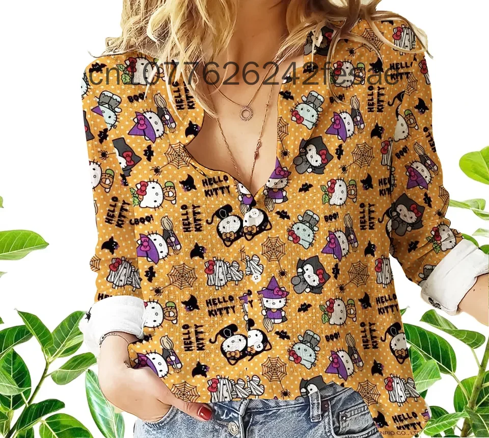 2024 New Halloween Hello Kitty Women Blouse Casual Shirt Print Fashionable Y2k Street Clothing Summer Long Sleeved Women's Shir