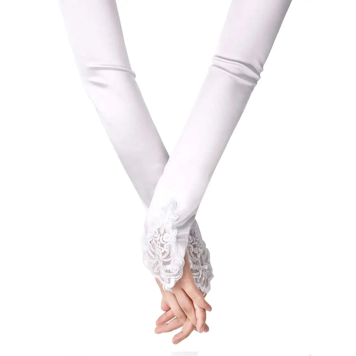 Fingerless Long White Gloves Pierced Elbow Length Satin Gloves 19