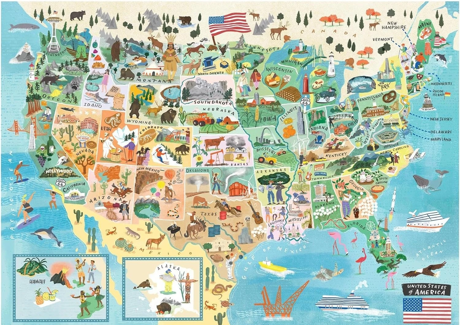 Puzzle illustré de la carte des États-Unis - 500/1000/1200/2000 pièces, jeu de géographie éducatif pour enfants et adultes, cadeau de décoration pour la maison