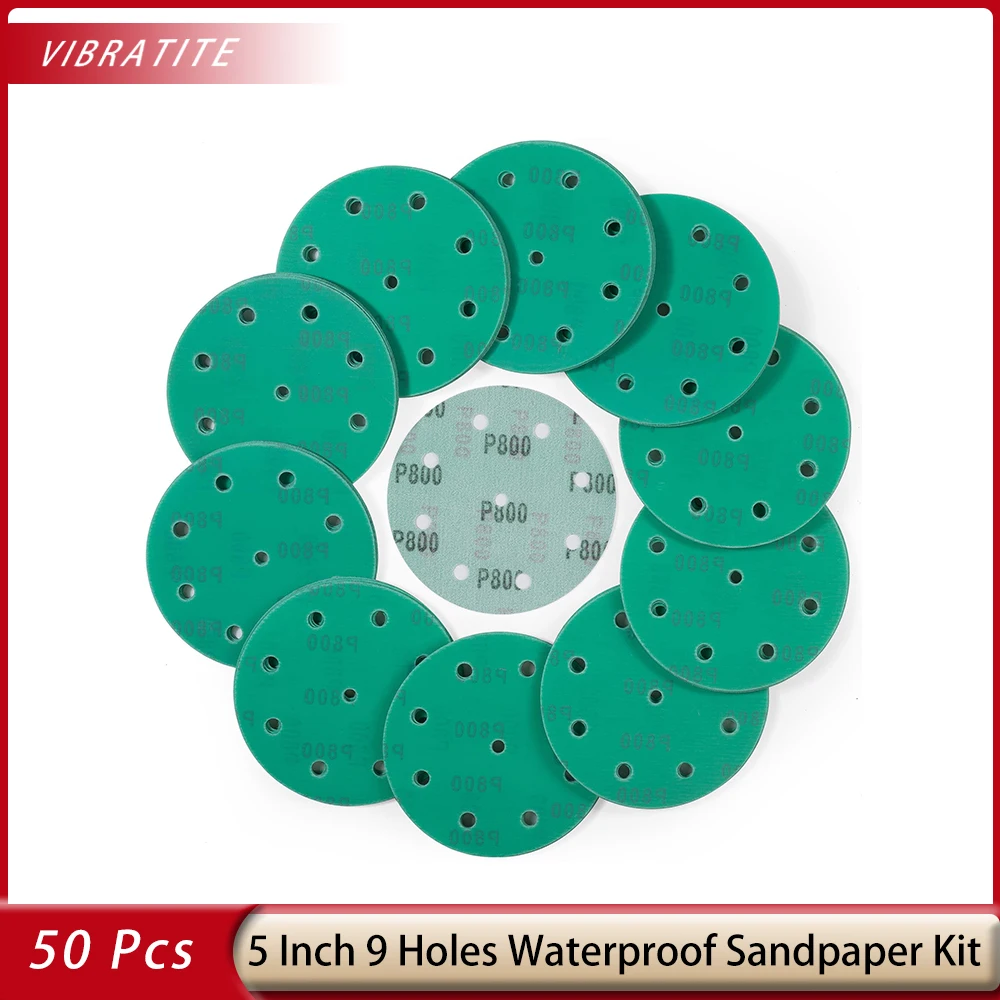 50 Pcs 5 Inch 9 Holes Sanding Discs Assortment 80-220 Grit (10 of Each) Hook and Loop Sandpaper  Film Discs for Random Orbital