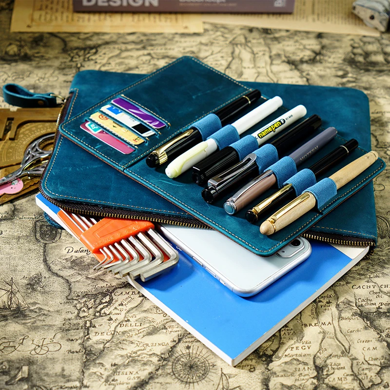 Fromthenon Cowhide Zipper Pen Bag Vintage Multiple Pen Case Large Capacity Removable Writing Case Stationery Storage Bag