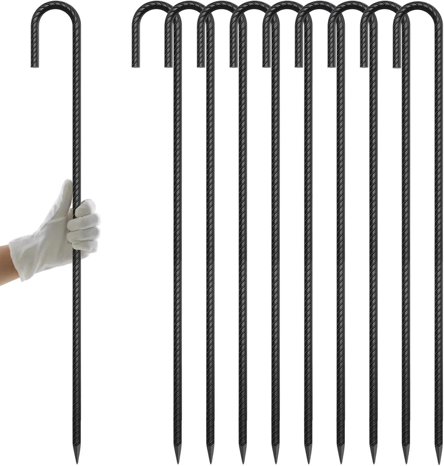 

36 Inch Heavy Duty J Hook Rebar Stakes, 10 Pack Black Coated Metal Ground Anchors for Garden Fence Greenhouse