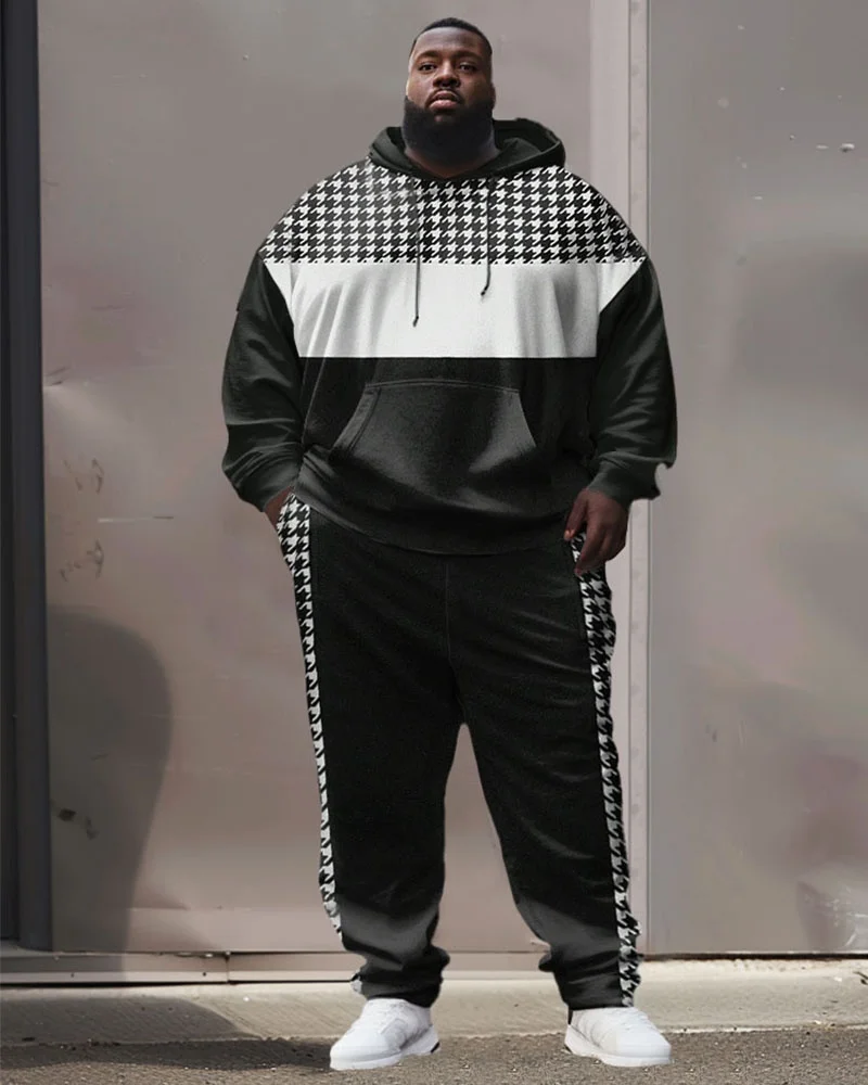 Men's Plus Size Pullover Hoodie and Long Pants Set, Black and White Houndstooth Color Blocks, Long Sleeve for Daily Wear