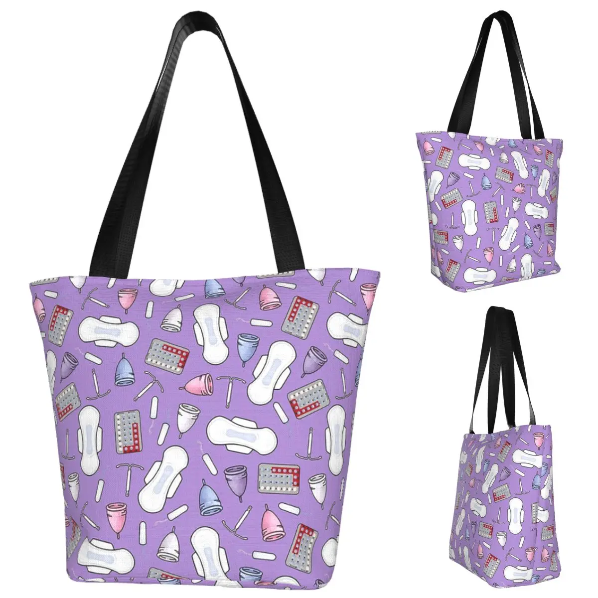 Period Protection, PMS Ready In Purple Shopping Tote Bag Canvas Large Capacity Shoulder Bags Shopper Grocery Handbag for Women