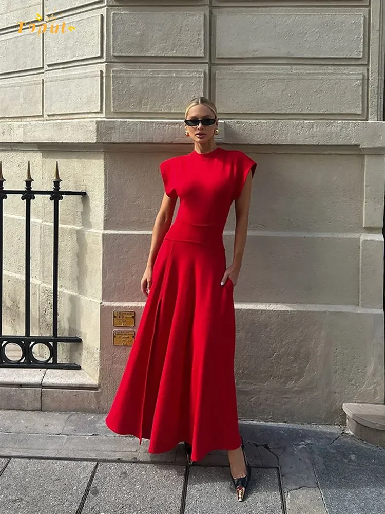 Women's Elegant Pleated Flying Sleeve A-line Dress High Waisted Slim Fit Solid Color Slit Long Vestidos 2024 Female Evening Robe