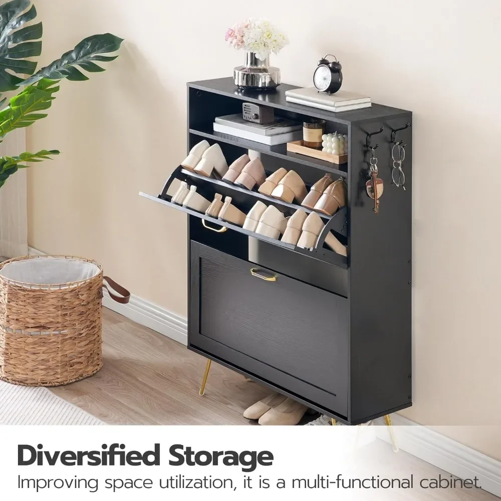 Entrance shoe storage cabinet with 2 flip drawers, hidden flip bucket shoe cabinet with open shelves and coat hooks