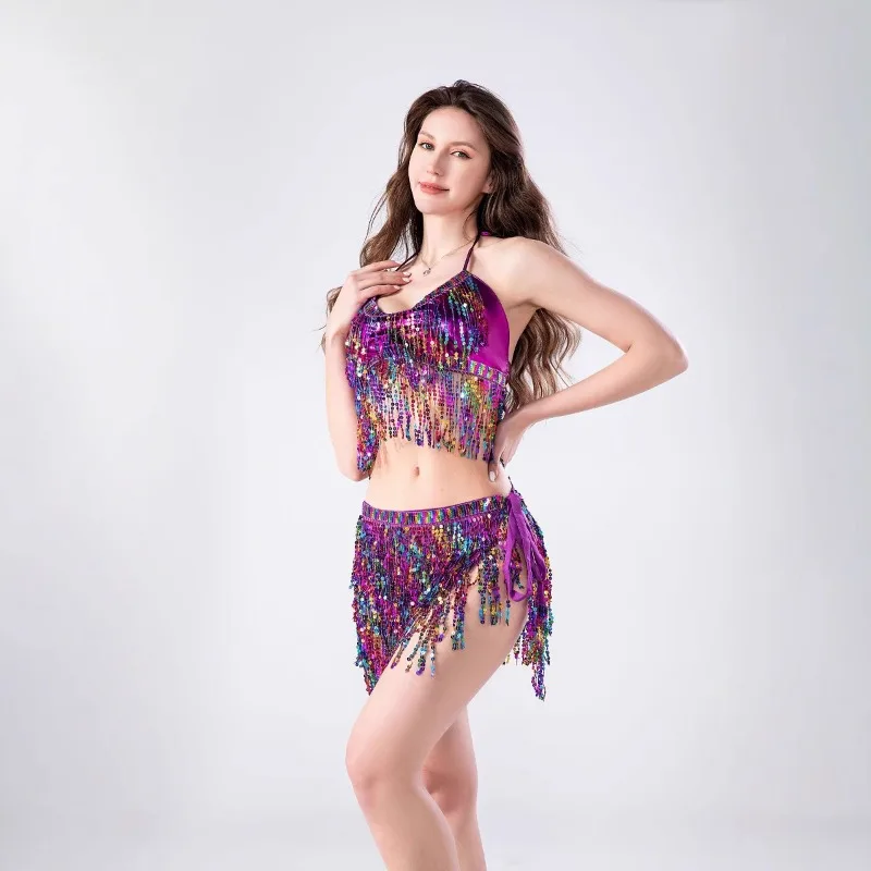 customized sparkling tassel set DS nightclub stage performance suit belly dance costume rainbow bra waist chain for women