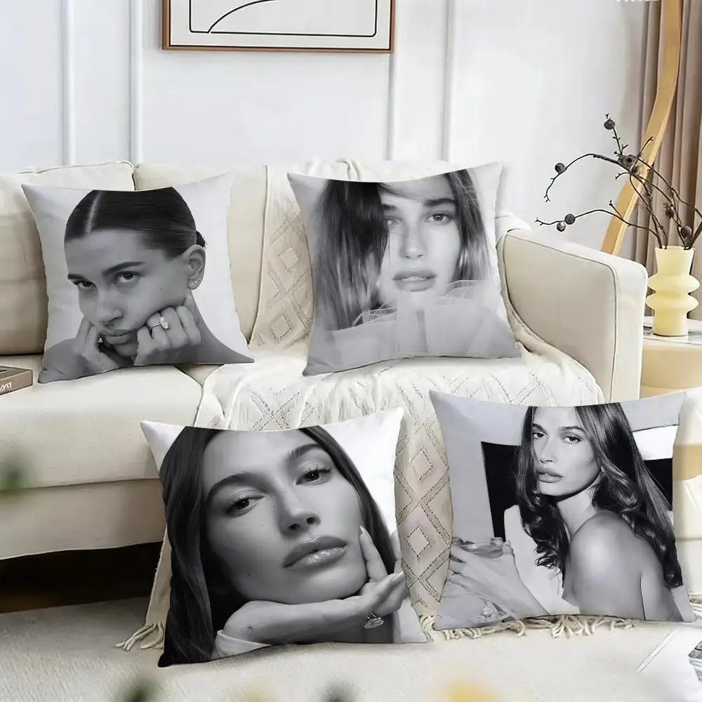 American model H-Hailey Bieber Cushion Cover Pillow Case Short Plush Square Throw Pillow Covers Pillowcase Sofa Home Decor Gift